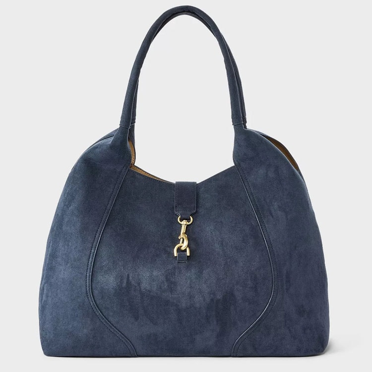This blue faux suede tote bag is so chic for fall! #ABlissfulNest