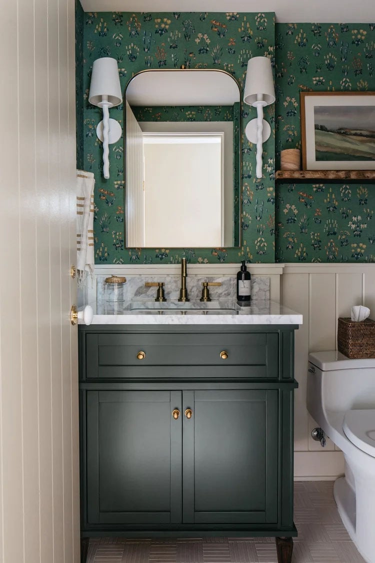 This beautiful wallpapered bathroom designed by Kate Marker Interiors is so dreamy! #ABlissfulNest