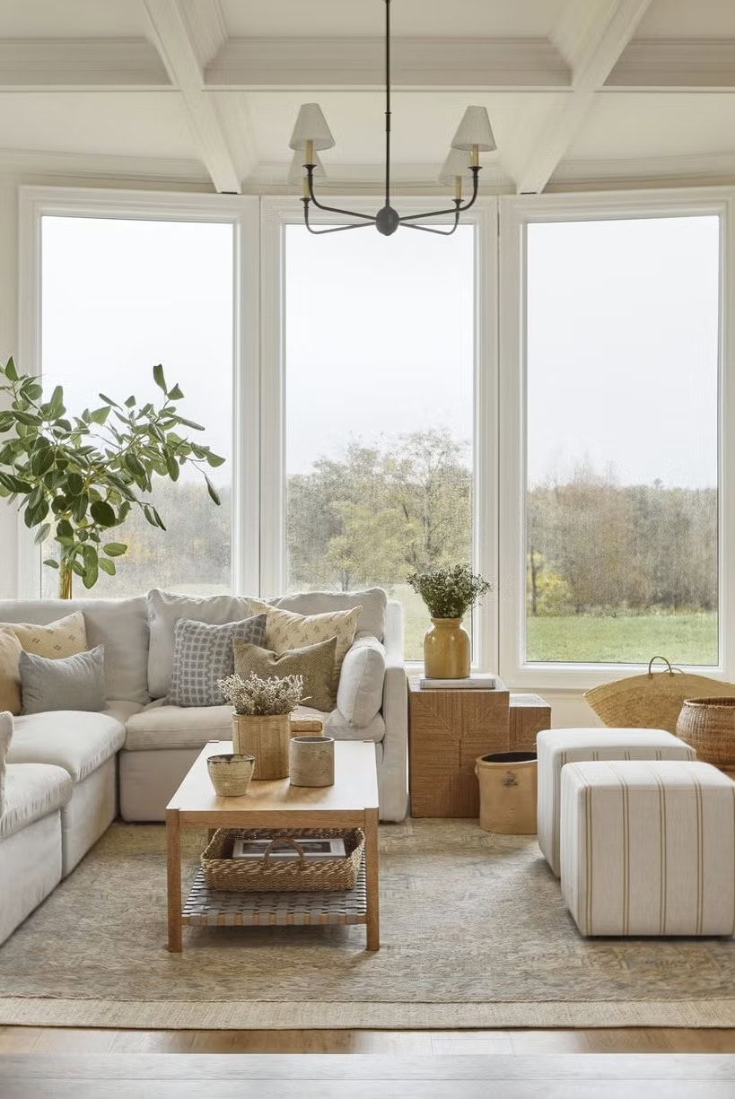 Bright living room with large windows, cozy sofa, and natural decor.